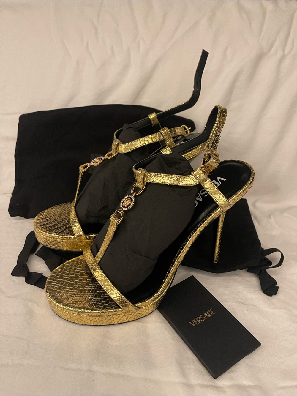 Versace Metallic Gold Snake-Embossed T-Strap Sandals - Picture 3 of 8